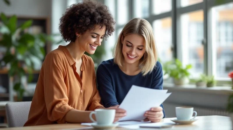 Zwei Kolleginnen besprechen Weiterbildungsunterlagen in einem modernen Büro